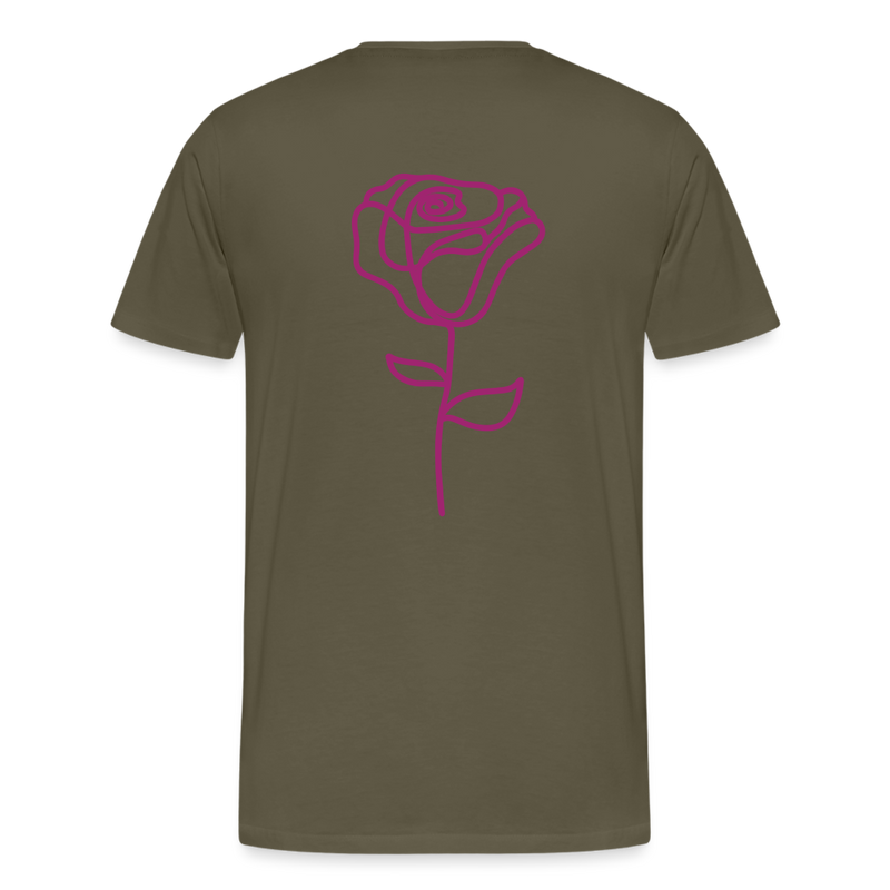 Herre premium T-shirt med rose på ryggen og Sweetheart Inks logo på brystet - kaki