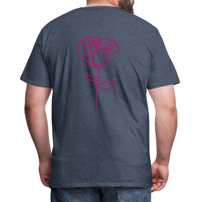 Herre premium T-shirt med rose på ryggen og Sweetheart Inks logo på brystet - blåmeleret