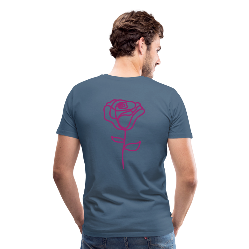 Herre premium T-shirt med rose på ryggen og Sweetheart Inks logo på brystet - blågrå