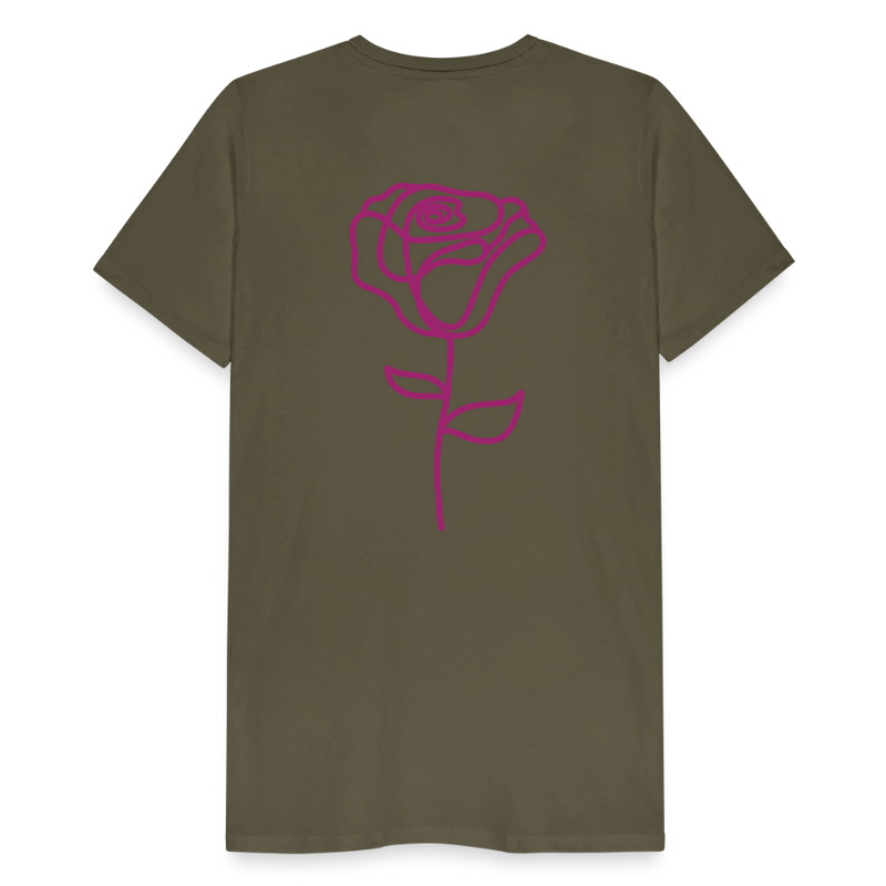 Herre premium T-shirt med rose på ryggen og Sweetheart Inks logo på brystet - kaki