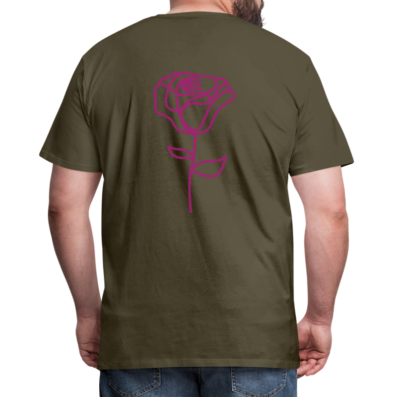 Herre premium T-shirt med rose på ryggen og Sweetheart Inks logo på brystet - kaki